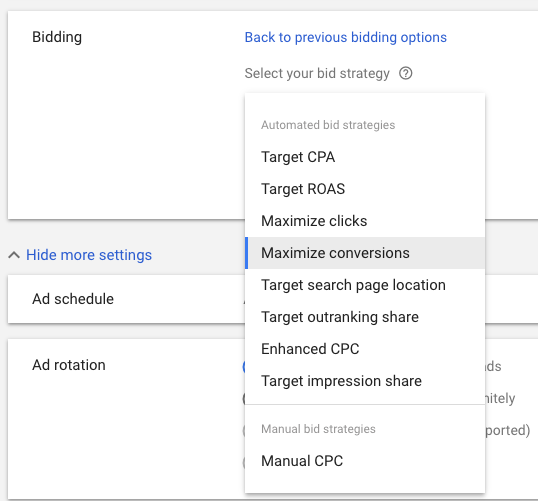 Screenshot of Google Ads bidding strategies.
